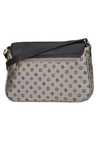 Borsa a tracolla marrone e nera, decorata con motivi floreali e geometrici. Caratterizzata da una chiusura con zip e una tracolla regolabile. Realizzata in materiali sintetici.