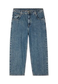 Lichtblauwe, losse denim jeans met een recht model, vijf zakken en prominente stikdetails. Klassiek ontwerp met een middelhoge taille.