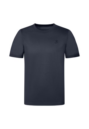 Mørkeblå T-shirt med korte ærmer og rund hals med lille præget logo på venstre bryst.