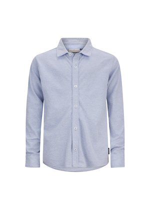 Camicia azzurra a maniche lunghe con bottoni, realizzata in tessuto testurizzato, con colletto a punta e bottoni bianchi; presenta un orlo arrotondato e un'etichetta laterale.