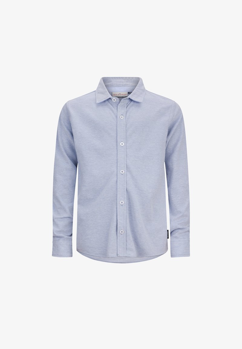 Lichtblauwe lange mouwen overhemd met knopen, gemaakt van textuurstof met een puntkraag en witte knopen; heeft een afgeronde zoom en een zijlabel.