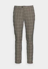 Karierte Hose in einem grau-braunen Farbschema. Slim Fit mit Knopfverschluss, ausgestattet mit einem strukturierten Stoff und feinem Karomuster.