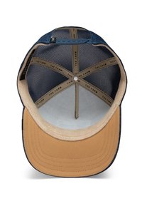 Cappello interno con cima in rete blu e visiera in suede beige. Presenta una fascia in tessuto beige con il testo "THE FARM" e un bottone centrale di rinforzo.