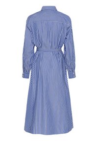 Robe à rayures bleues et blanches avec des manches longues, un col à boutons et une taille ceinturée. Le tissu semble léger et lisse.