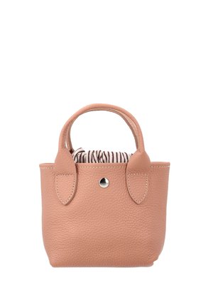 Small textured pink leather handbag with two handles and a striped fabric pouch partially visible inside.