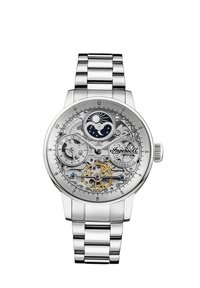 Roestvrijstalen automatische horloge met een transparante wijzerplaat, zichtbare tandwielen, gouden accenten en een maanfase-indicator tegen een zilveren achtergrond.