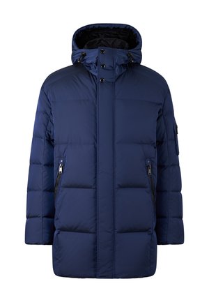 Navy blue puffer jacket with a hood, featuring a quilted design and zippered side pockets, crafted from water-resistant material.