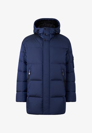Mørkeblå pufferjakke med hætte, der har et quiltet design og lynlåslommer i siden, lavet af vandafvisende materiale.