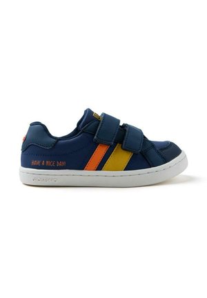 Baskets bleu marine avec deux bandes Velcro, ornées de rayures orange et jaunes, semelle blanche et texte "BONNE JOURNÉE !" sur le côté.