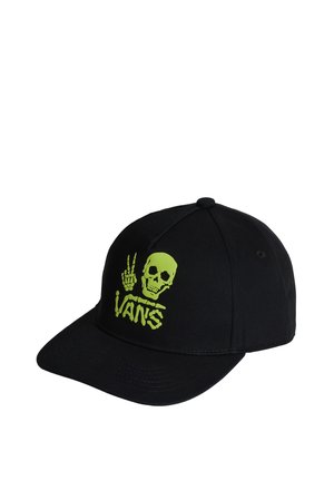 Czarna czapka baseballowa z zielonym czaszką i szkieletową ręką pokazującą znak pokoju nad napisem „Vans” na przednim panelu.