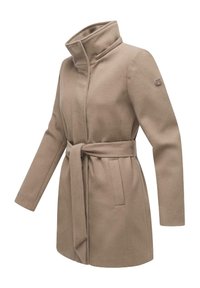 Beige wool-blend coat with a high collar, long sleeves, belt at the waist, and a small circular logo on the upper left sleeve.