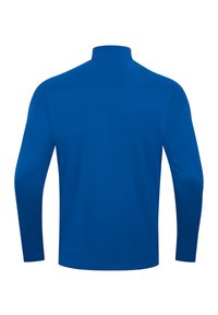 Camicia a maniche lunghe con colletto alto di colore blu solido. Tessuto leggero e liscio con un design semplice e senza decorazioni o motivi visibili.