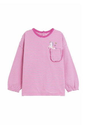 Camisa de rayas rosa de manga larga con cuello redondo, puños elásticos, un bolsillo y un diseño de unicornio bordado con flores.