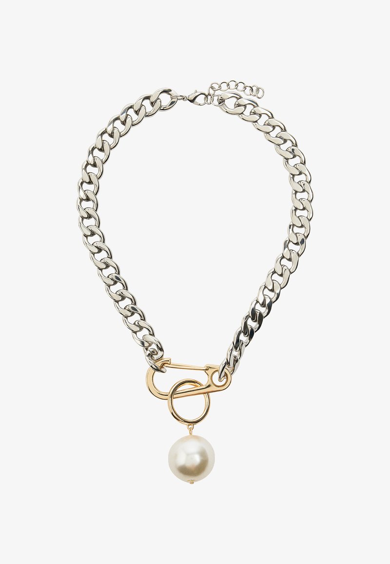 Srebrny naszyjnik łańcuszkowy z złotym akcentem i dużym białym perłowym zawieszką, z bezpiecznym zapięciem i regulowaną długością.