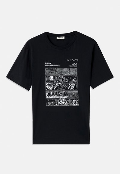 Juodas marškinėliai su baltais grafikos laukais, vaizduojančiais saulę, bėgikus, arklius, burlaivius, plaukikų ir tekstą "BALLY HAUSZEITUNG" bei datą "JUNI 1974".