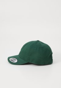 Cappellino da baseball verde in cotone, con visiera curva, fascetta regolabile e fori di ventilazione sulla corona.