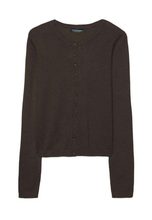 Temno rjav kardigan iz mehke tkanine, z okroglo izrezom, dolgimi rokavi in vrsto okroglih gumbov spredaj.