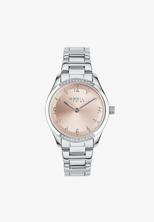 Sølv rustfrit stål ur med en pink metallisk urskive, krystalmarkeringer ved 12, 3, 6 og 9, samt en dekorativ bezel. Justerbar led-armbånd.