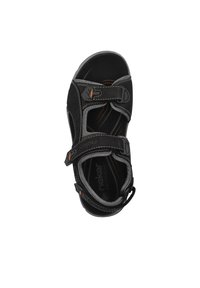 Sandale noire avec des sangles réglables, dotée d'une semelle intérieure rembourrée, d'un dessus texturé et d'accents de couture. Design léger pour un confort optimal.