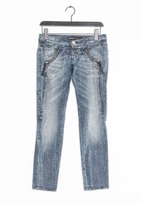 Blå denimjeans med en blekt finish, med två sidofickor med dragkedja, en rak ben-design och en knappstängning i midjan.