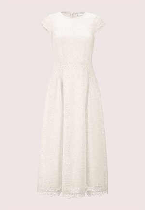 Witte kanten jurk met korte mouwen, met een bloemmotief, een uitlopende rok en een gegolfde zoom. Ritssluiting aan de achterkant.