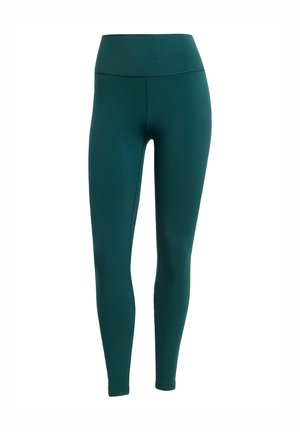 Turkosa leggings med hög midja, tillverkade av elastiskt material, med en jämn textur och en åtsittande siluett, perfekta för aktiv klädsel.