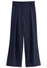 Navy wide-leg pants with a high waistband, pleats at the front, and soft texture. Smooth material, no visible patterns or hardware.
