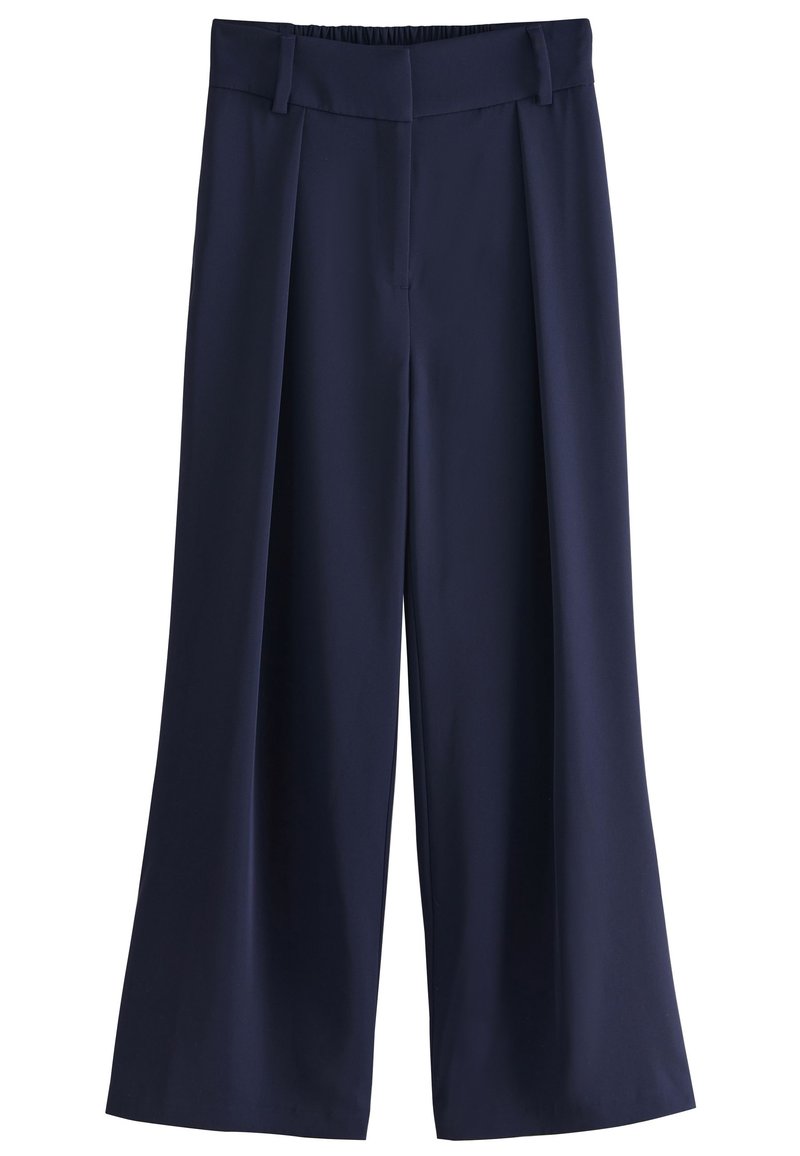 Navy wide-leg pants with a high waistband, pleats at the front, and soft texture. Smooth material, no visible patterns or hardware.