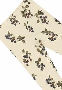 Leggings i en cremefarvet stof med et bær- og bladmønster i mørkegrøn, marineblå og burgunder. Glat tekstur, elastisk talje.