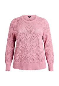 Rozā adīts džemperis ar zivtiņu rakstu, apaļu kakla izgriezumu, garām piedurknēm un ribota apakšmala. Teksturēta auduma ar atvērtā adījuma detalizējumu.