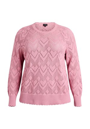 Roza pleten pulover z vzorcem cikcak, okrogel izrez, dolgi rokavi in rebrast rob. Teksturirana tkanina z odprtim vzorcem pletenja.