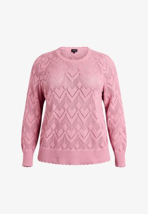 Roza pleten pulover z vzorcem cikcak, okrogel izrez, dolgi rokavi in rebrast rob. Teksturirana tkanina z odprtim vzorcem pletenja.