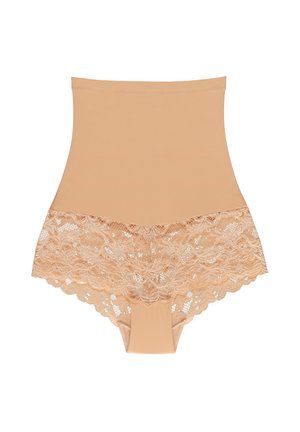 Beige high-waisted shapewear lavet af glat stof; har blødt blonder trim langs bunden, hvilket tilføjer tekstur og detaljer.