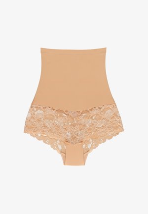 Beige, hoch taillierte Shapewear aus glattem Stoff; mit weichem Spitzenbesatz am unteren Rand, der Struktur und Detail verleiht.