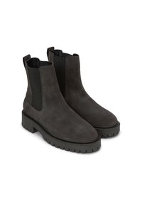 Bottines en suède gris avec des panneaux élastiques sur les côtés, bout rond et semelle en caoutchouc épaisse dotée d'une texture antidérapante pour une meilleure adhérence.
