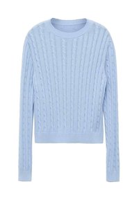 Light blue cable-knit sweater with long sleeves, crew neck, ribbed cuffs and hem, featuring a textured pattern throughout the fabric.