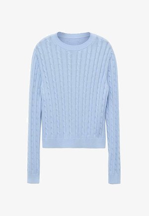 Light blue cable-knit sweater with long sleeves, crew neck, ribbed cuffs and hem, featuring a textured pattern throughout the fabric.