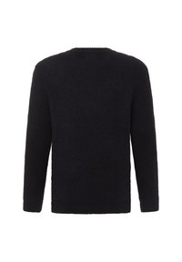 Czarny sweter z dzianiny, z długimi rękawami, okrągłym dekoltem i fakturowanym materiałem. Posiada luźny krój i prosty design bez ozdób.