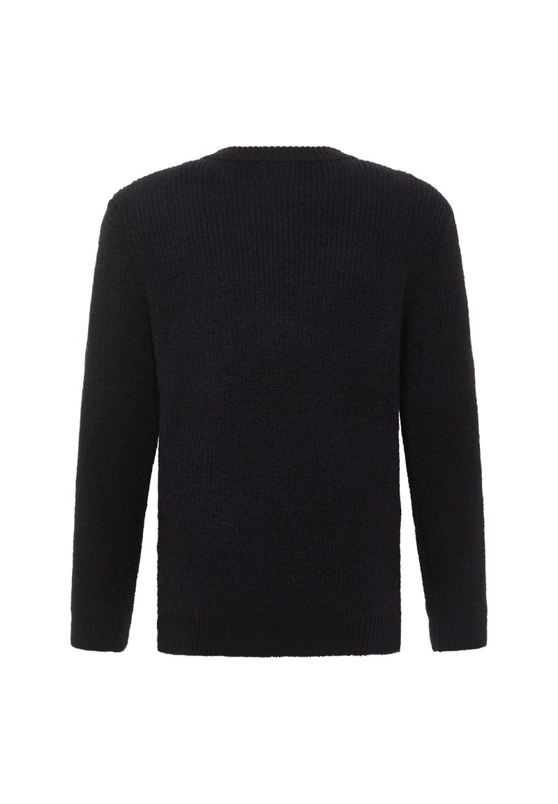 Suéter negro de punto con mangas largas, escote redondo y una tela texturizada. Presenta un corte holgado y un diseño sencillo sin adornos.