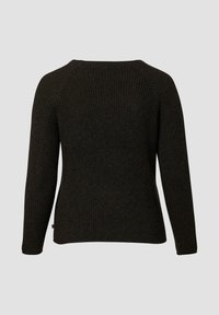 Schwarzer, gestrickter Pullover mit langen Ärmeln, gerippter Textur, rundem Halsausschnitt und geradem Saum. Die Rückansicht zeigt Nahtdetails und ein dezentes Logo.