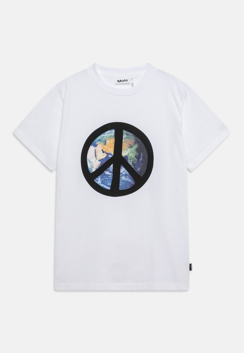 White cotton t-shirt featuring a large black peace symbol with a colorful Earth graphic inside the circle. Tag visible on the side.