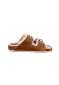 Brown suede slipper with dual adjustable straps, shearling lining, classic cork footbed, and textured rubber outsole.