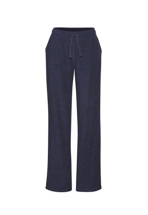 Navyblaue Sweatpants aus weichem, strukturiertem Stoff; verfügen über einen elastischen Bund mit Kordelzug, Seitentaschen und weiten Beinen.