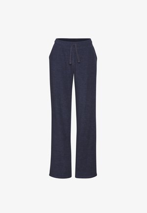 Navyblaue Sweatpants aus weichem, strukturiertem Stoff; verfügen über einen elastischen Bund mit Kordelzug, Seitentaschen und weiten Beinen.