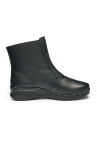 Black leather ankle boot with rounded toe, textured surface, and flat rubber sole with mild tread.