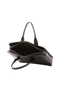 Borsa tote in pelle nera con due manici, chiusura con zip e un interno aperto che mostra un design spazioso senza scomparti.