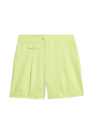 Pantalones cortos verde lima fabricados en un tejido ligero, con un frente plisado, dos bolsillos laterales y un cierre de un solo botón con una cinturilla plana.