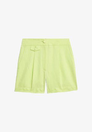 Pantalones cortos verde lima fabricados en un tejido ligero, con un frente plisado, dos bolsillos laterales y un cierre de un solo botón con una cinturilla plana.