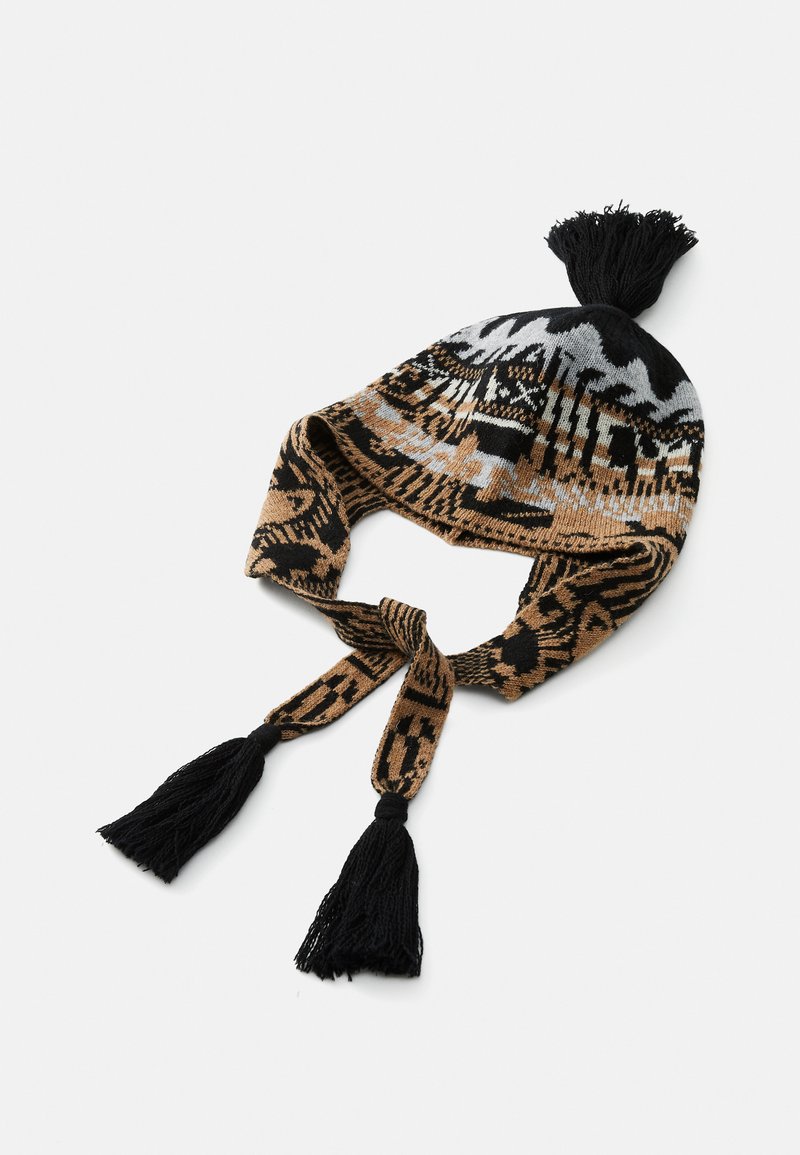 Knit hat with brown, black, and gray patterns, featuring a top tassel and two black tassels hanging from the ties at the sides.