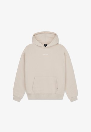 Béžová mikina z mäkkej tkaniny s kapucňou na sťahovanie, klokankovým vreckom a malým bielym logom "JOHNNY URBAN" na prednej strane.